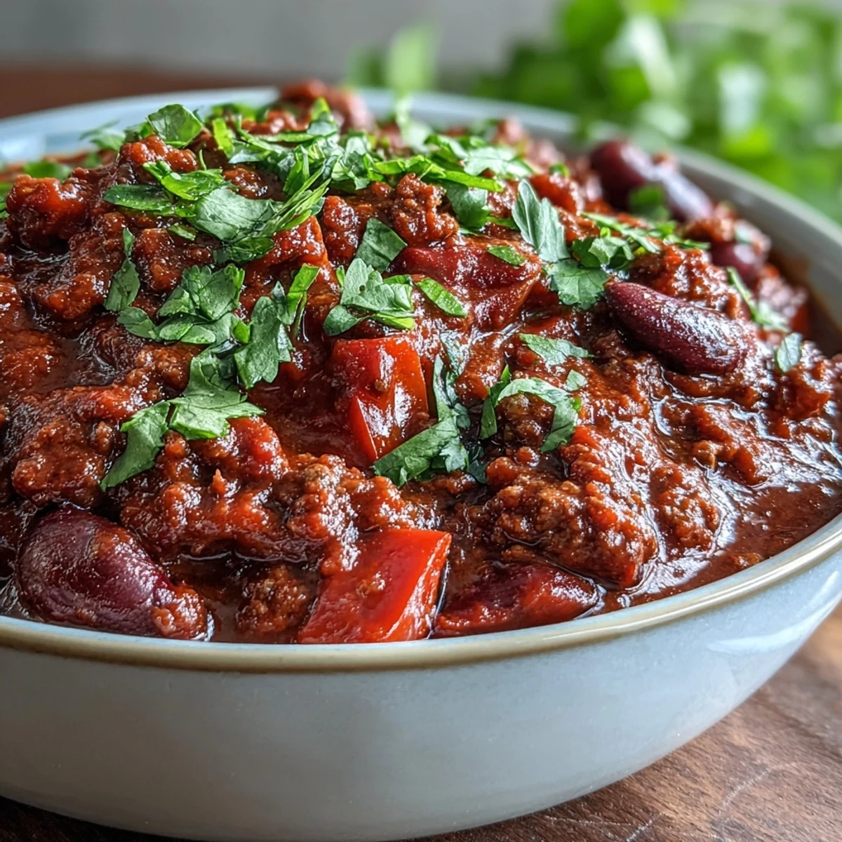 Slow Cooker Chili simmers in a crockpot, bubbling with ground beef, kidney beans, and bold spices.
