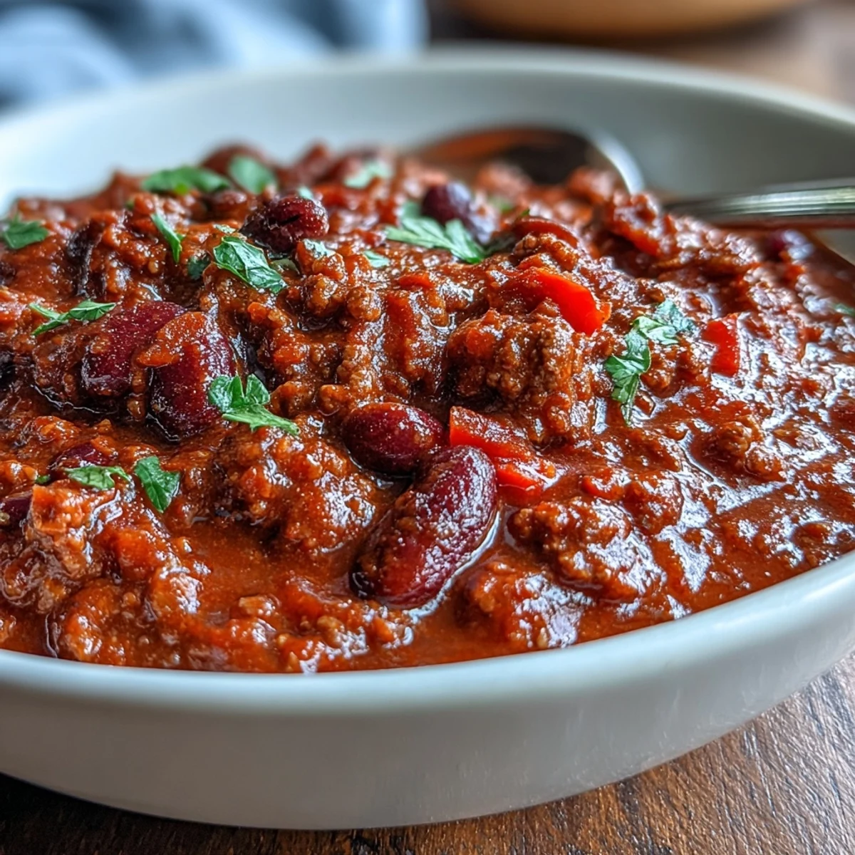 Thick and hearty Slow Cooker Chili served in a rustic bowl, topped with shredded cheddar and green onions.