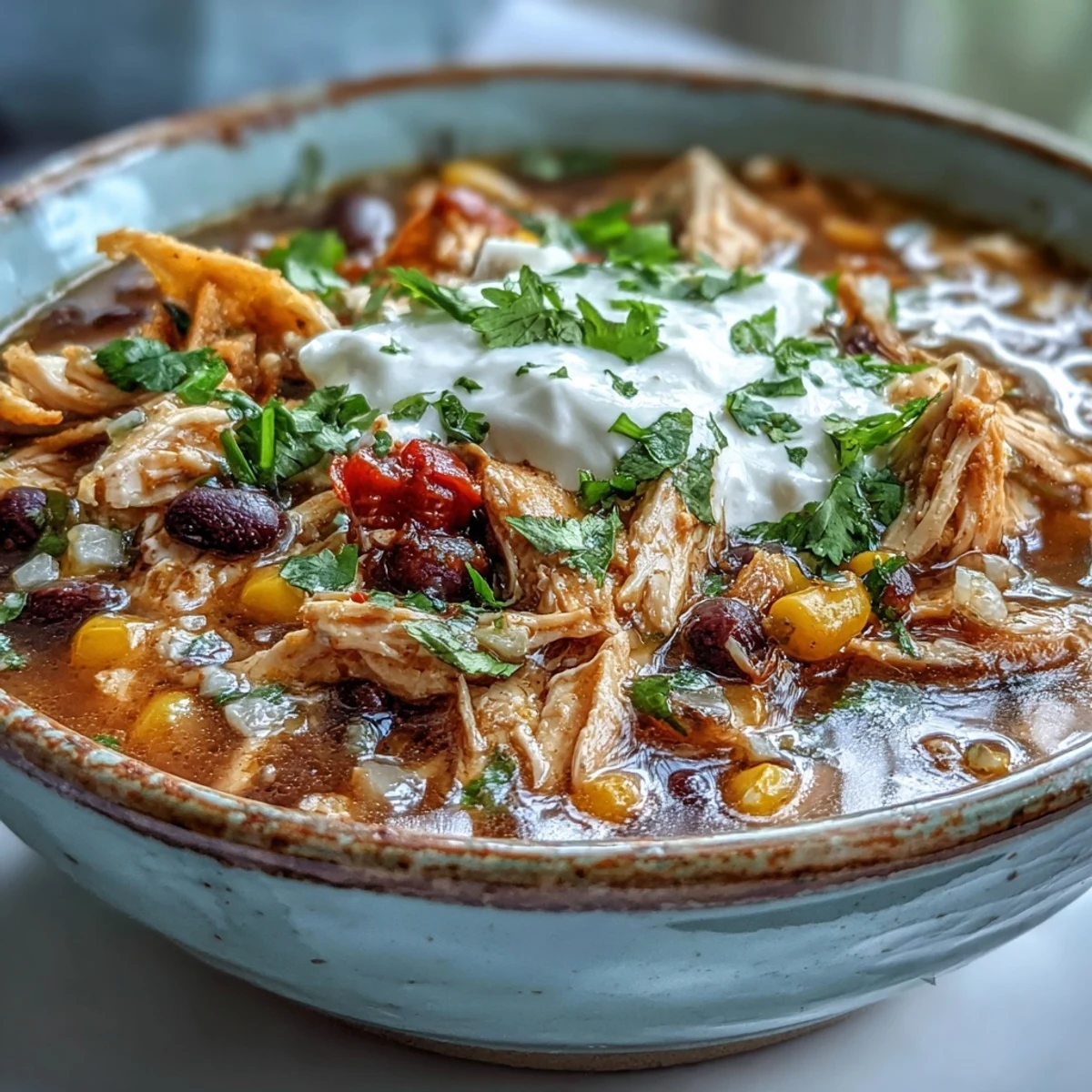 Close-up of Instant Pot Chicken Tortilla Soup showing tender chicken, black beans, corn, and red bell pepper.