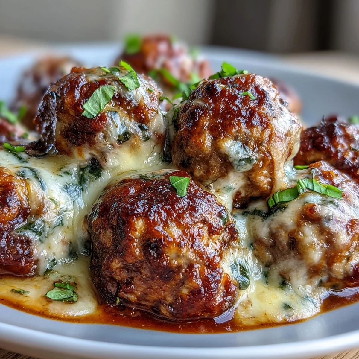 A spoon lifts a Cheesy, Garlicky Meatballs With Marinara from a skillet, melted mozzarella pulling into strings.