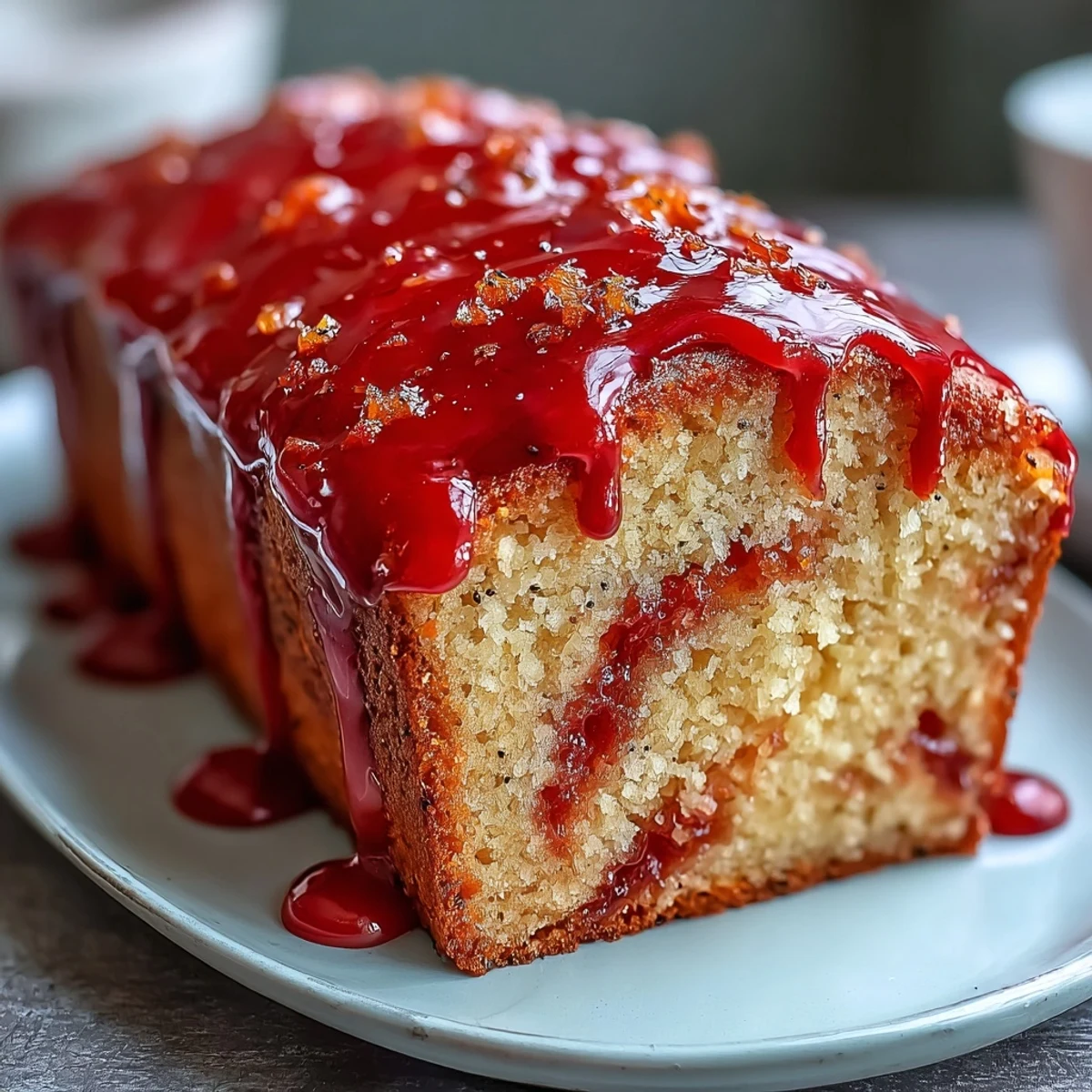 A freshly baked Blood Orange Loaf Cake with Poppy Seeds and Marzipan on a rustic wooden board, its ruby-red crumb and glaze catching the light.