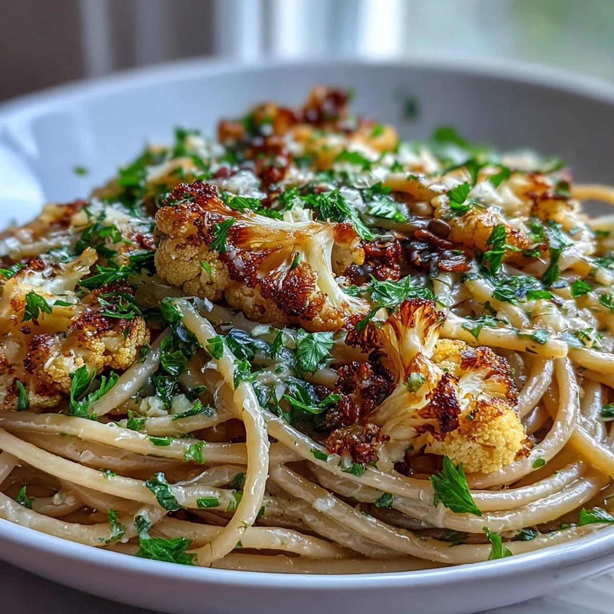 Plated Cauliflower, Anchovy and Raisin Spaghetti topped with fresh parsley and a lemon twist.