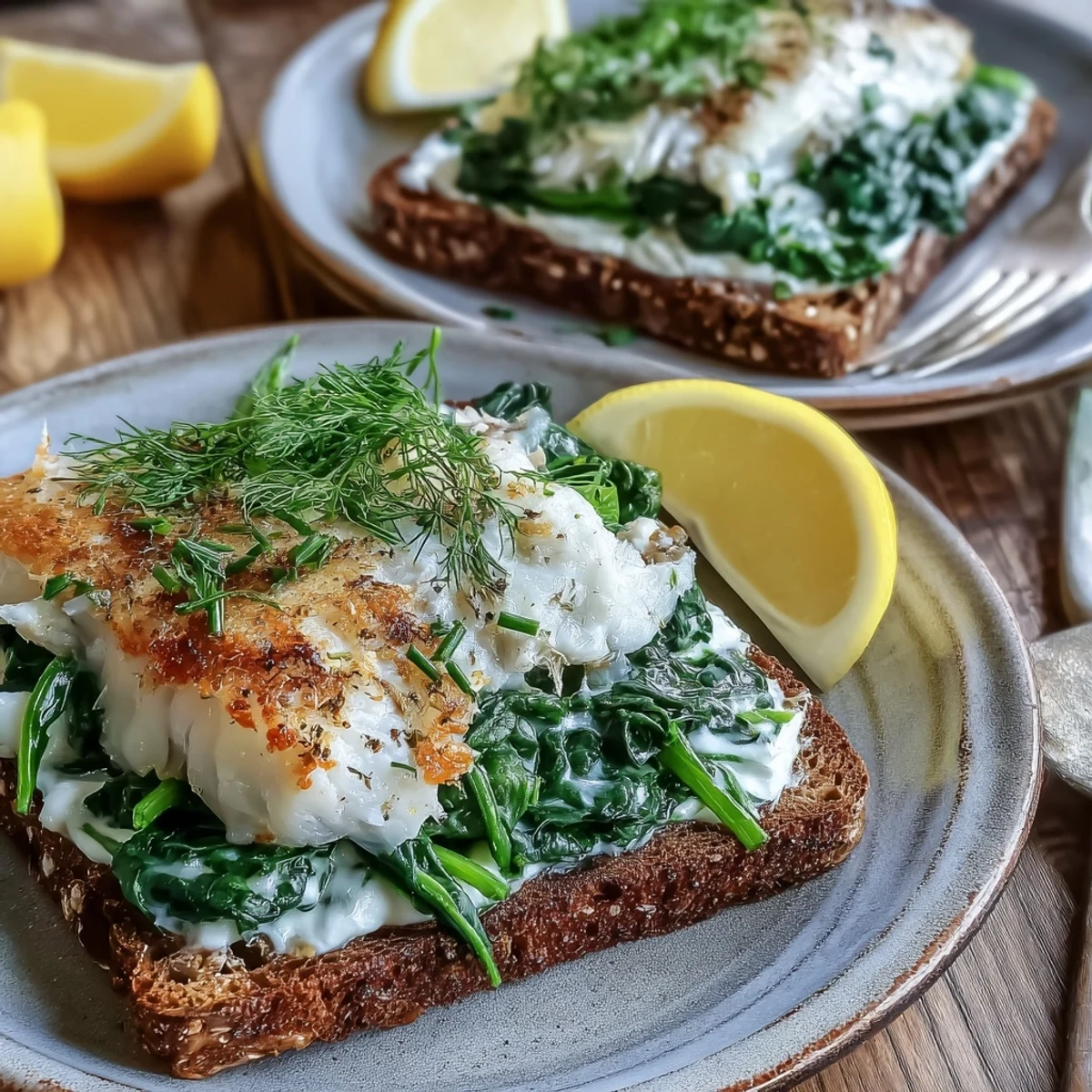 Smoked Haddock and Spinach Rye Toasts are garnished with fresh chives and a lemon wedge on a rustic plate.