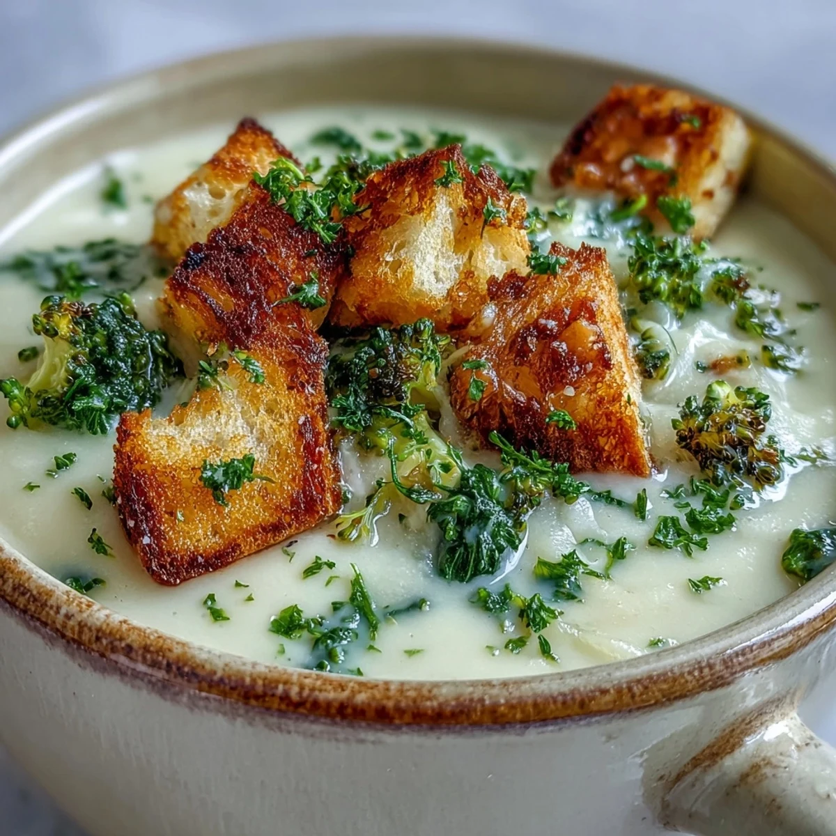 Creamy Cauliflower and Broccoli Soup served in rustic bowls with crunchy croutons and a swirl of olive oil. 