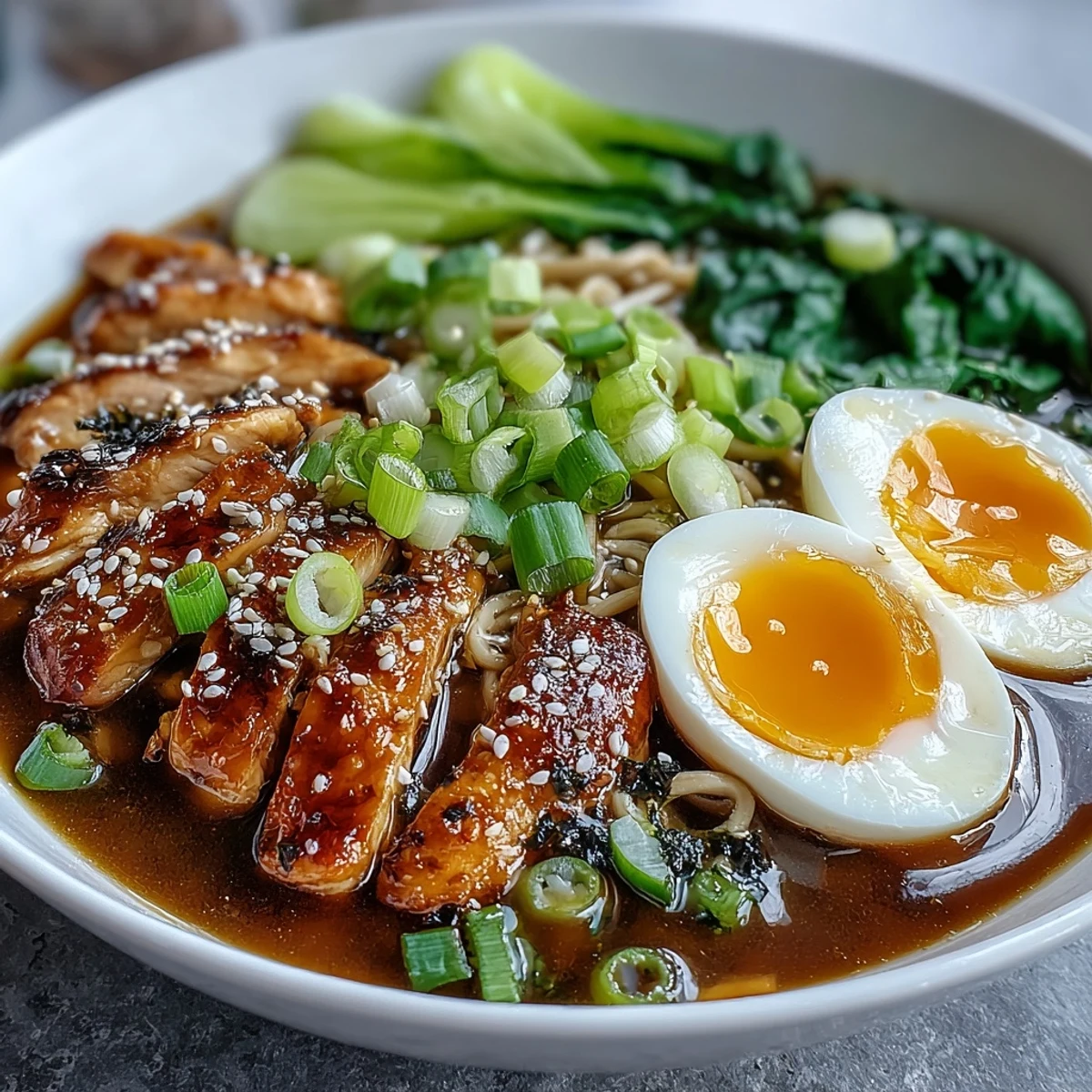 Steaming bowls of Healthy Miso Chicken Noodle Bowls showcase sliced chicken, bok choy, and soba noodles in rich broth.