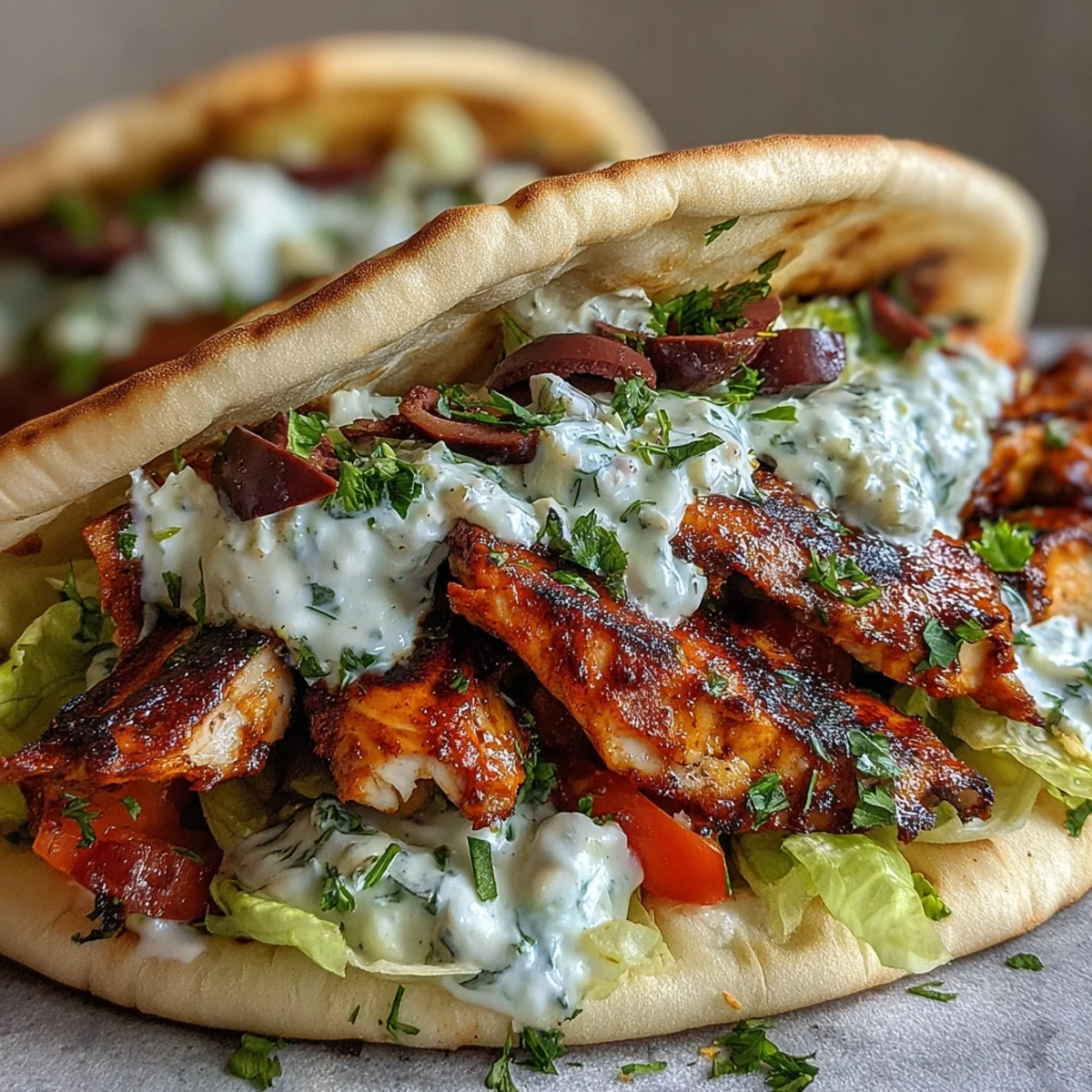 Golden-brown, charred Mediterranean Chicken Gyros topped with creamy feta tzatziki, fresh lettuce, tomatoes, and olives in warm pita bread.