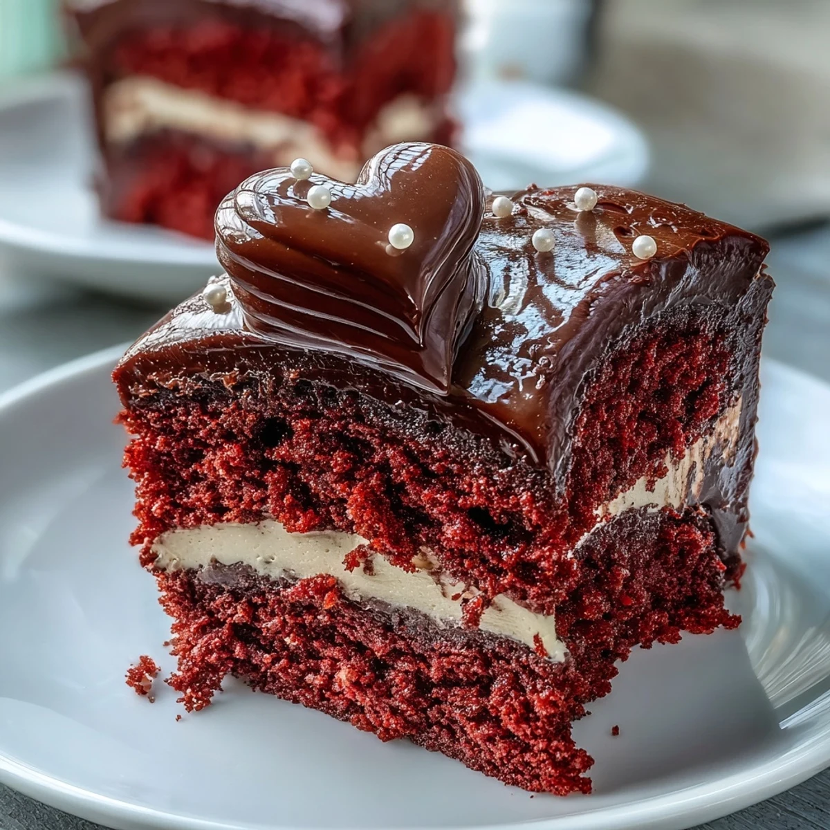 Plated slice of Red Betty Boop Heart Cake with swirls of cream cheese frosting on a marble counter.