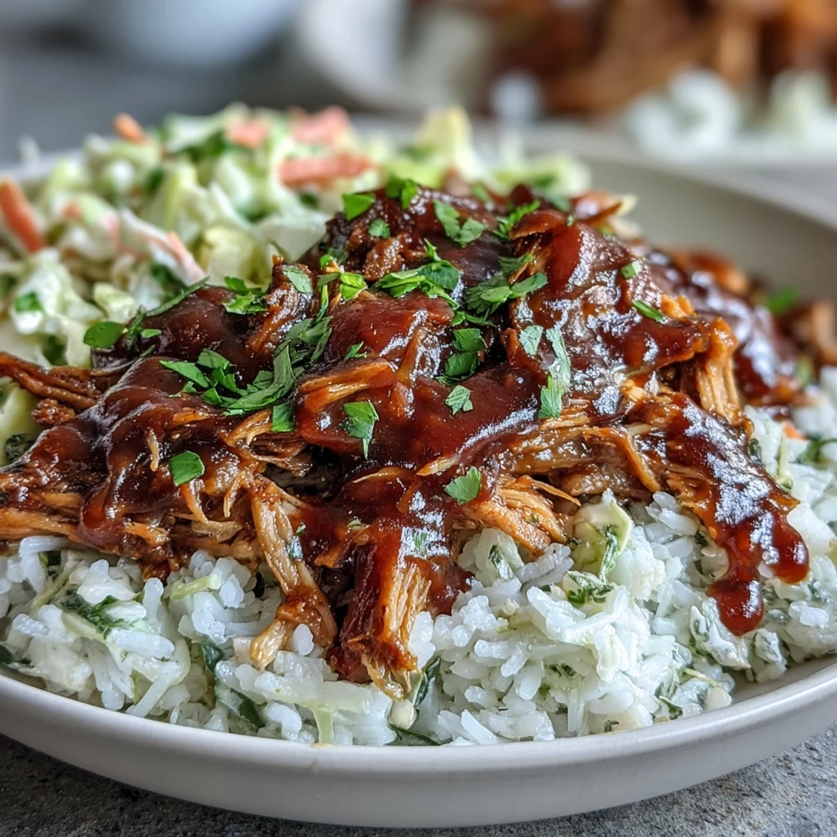 Spicy-sweet Pulled Pork Bowl garnished with cilantro and green onions, served on a bed of rice.