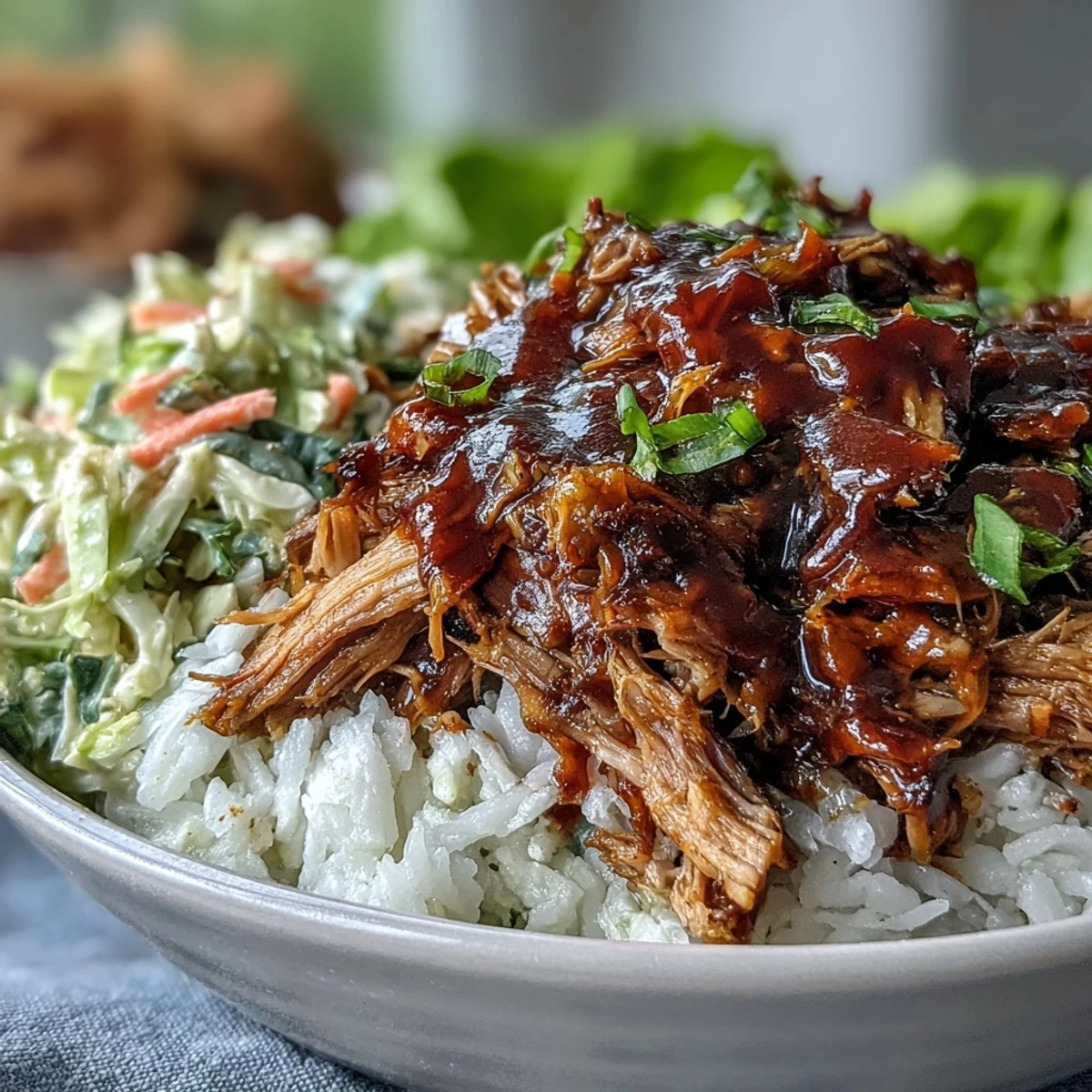 Hearty Pulled Pork Bowl piled with juicy pork, crunchy slaw, and rice, perfect for dinner.