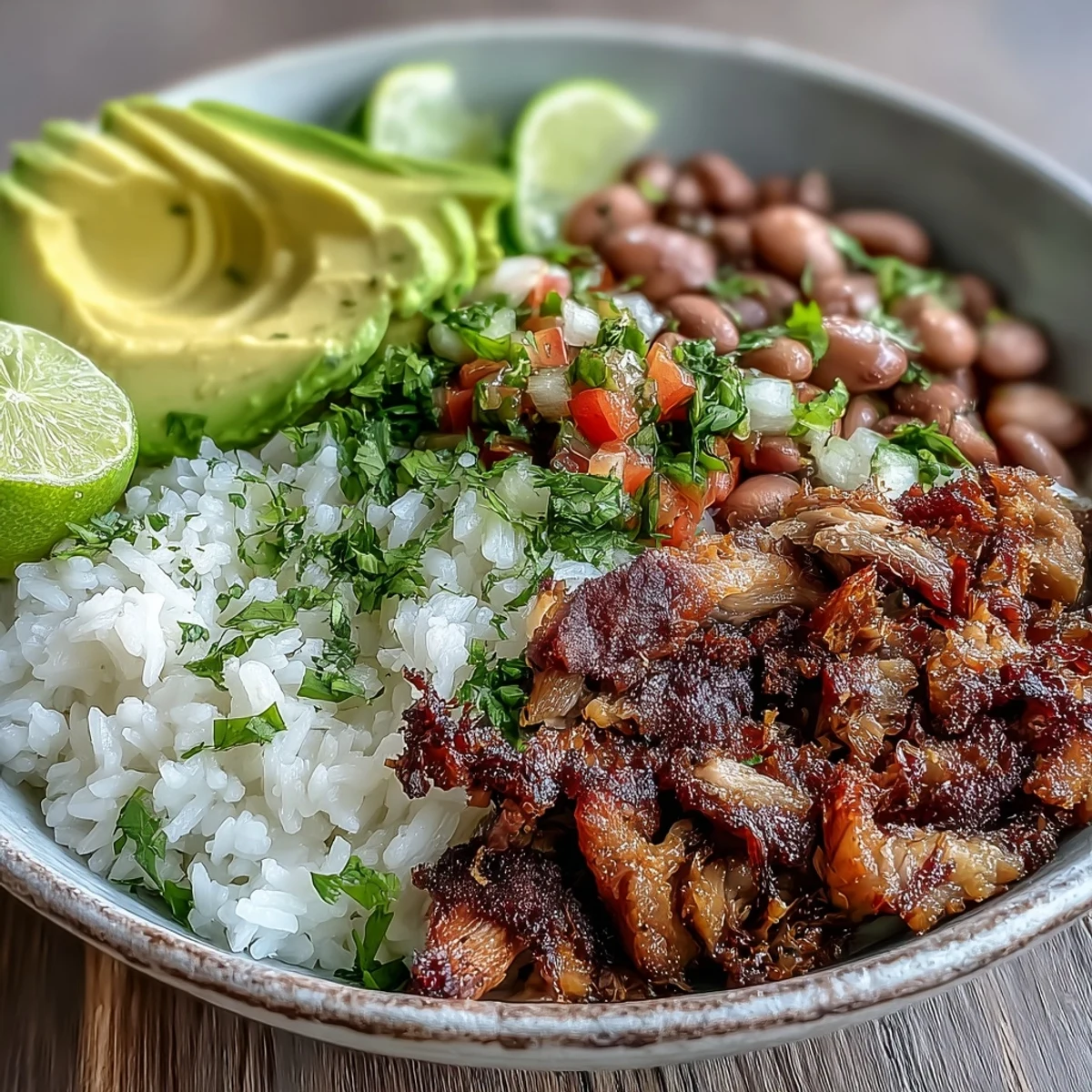 Golden-brown, crispy carnitas mounded over fluffy rice and pinto beans in a bowl.