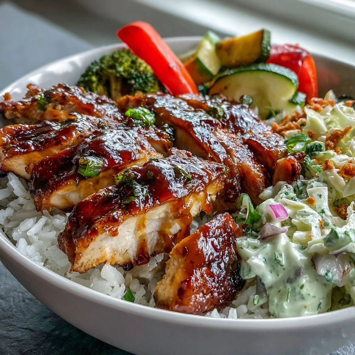Close-up of a BBQ Chicken Bowl featuring saucy sliced chicken over fluffy rice with colorful roasted vegetables and crunchy coleslaw. 