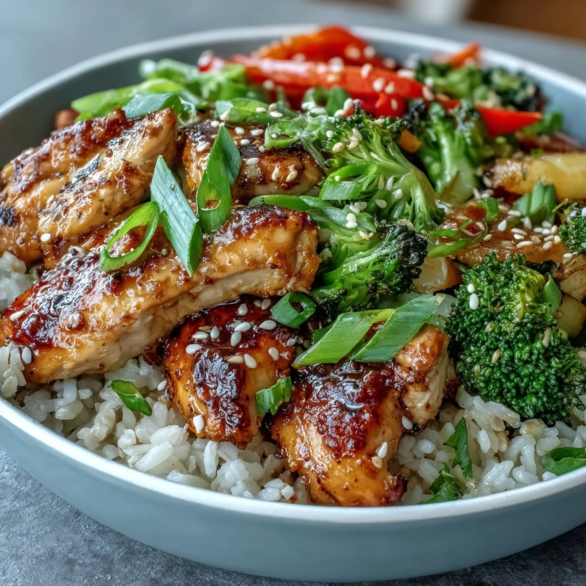 Tender chicken, fluffy rice, and crisp veggies in a colorful Chicken and Rice Bowl, garnished with sesame seeds.