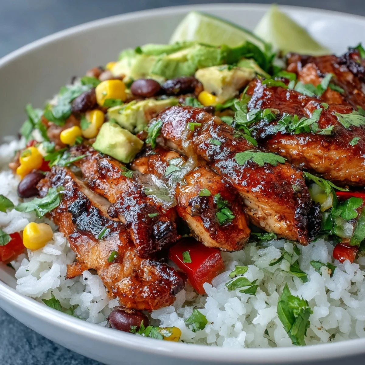 Cajun Chicken Bowl with fluffy rice, sautéed peppers, corn, and black beans, garnished with avocado and lime wedges.