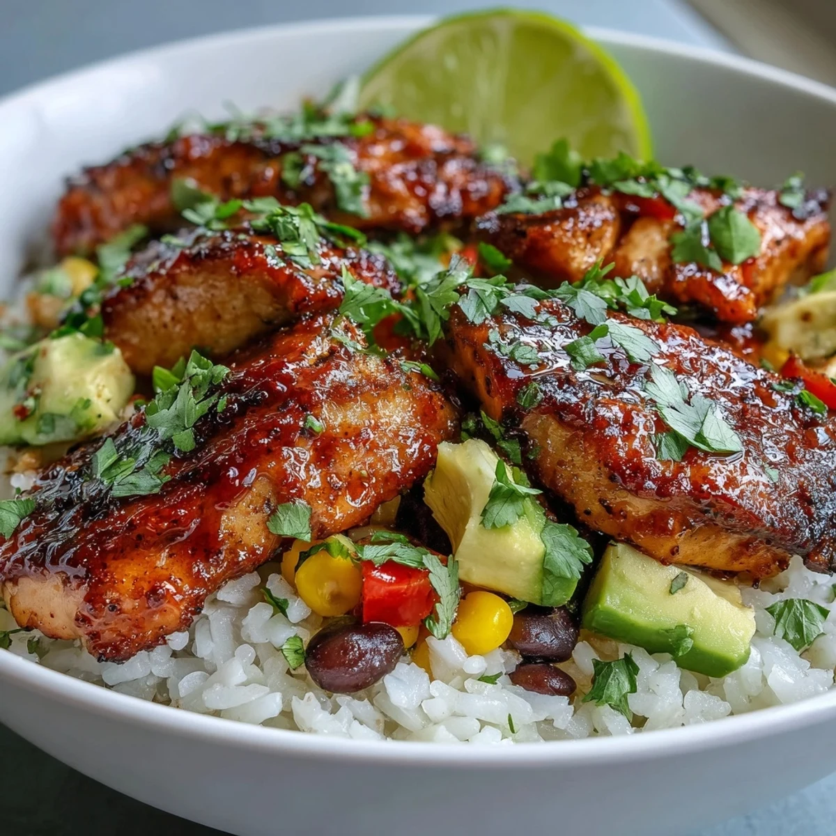 Serving suggestion for Cajun Chicken Bowl: seasoned chicken, beans, corn, and peppers on fluffy rice with cilantro garnish.