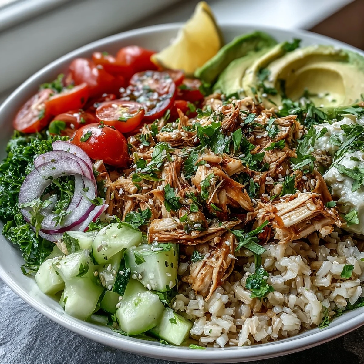 Wholesome Rotisserie Chicken Bowl with broccoli, cucumber, and avocado garnished with sesame seeds and fresh herbs.