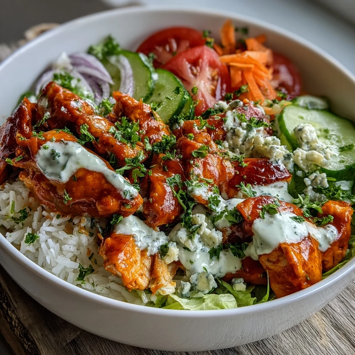 A finished Buffalo Chicken Bowl layered over white rice with tomatoes and blue cheese.