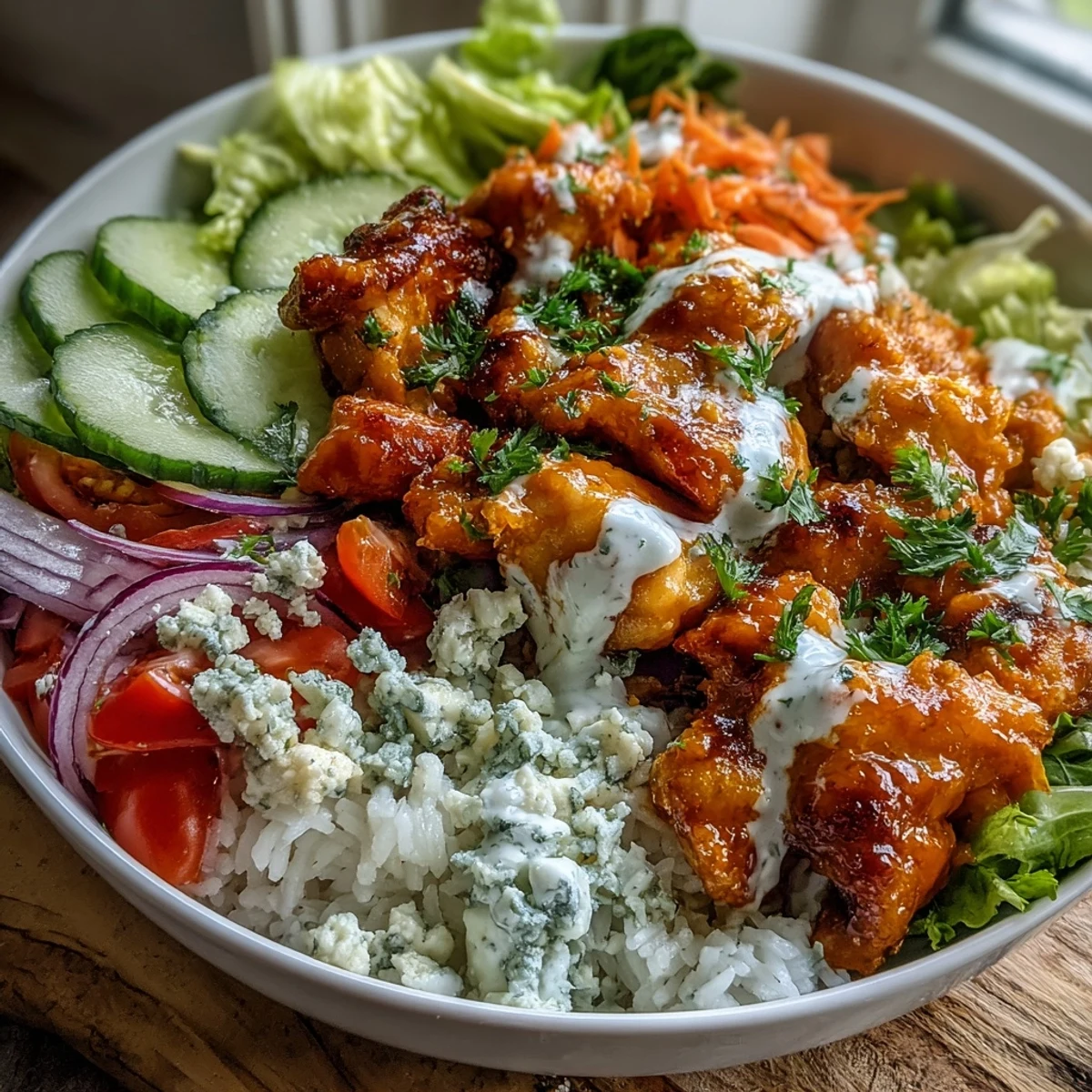 Spicy Buffalo Chicken Bowl with ranch drizzle, crunchy veggies, and fresh parsley garnish.