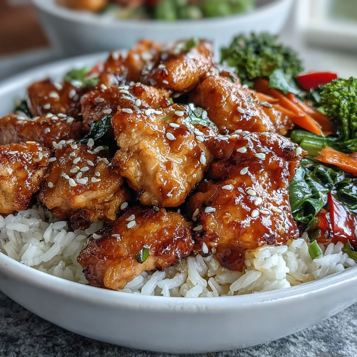 Savory Honey Garlic Chicken Bowl garnished with fresh green onions, ready to serve for a quick weeknight dinner.