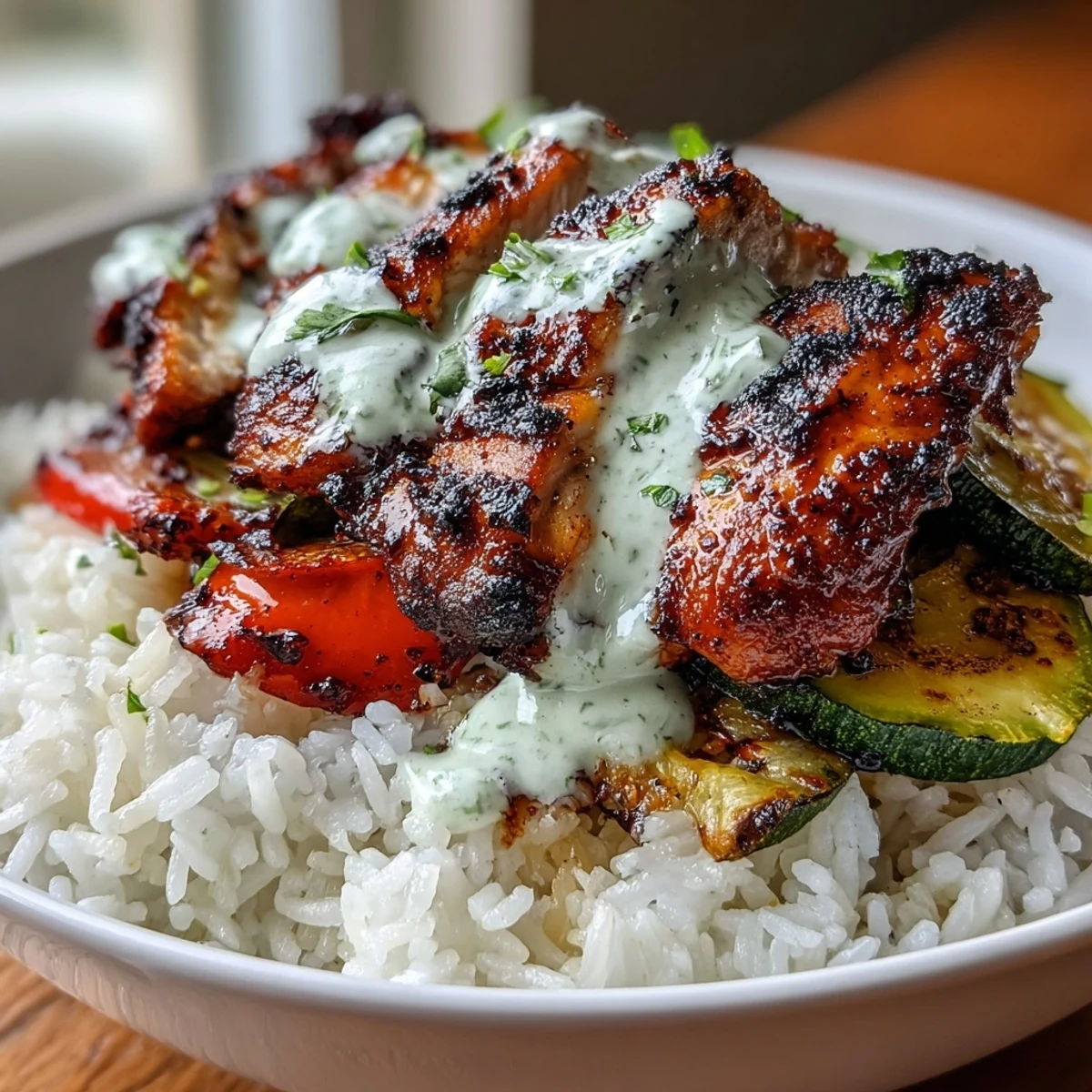 Fluffy white rice and vibrant sautéed peppers topped with tender blackened chicken and a drizzle of lime crema.