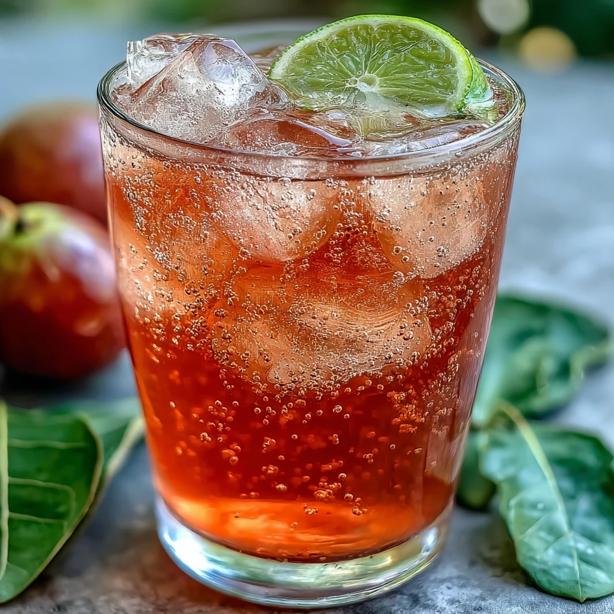 Bright tropical Guava Juice With Sparkling Water garnished with fresh lime slices, served over ice for a bubbly, thirst-quenching beverage.