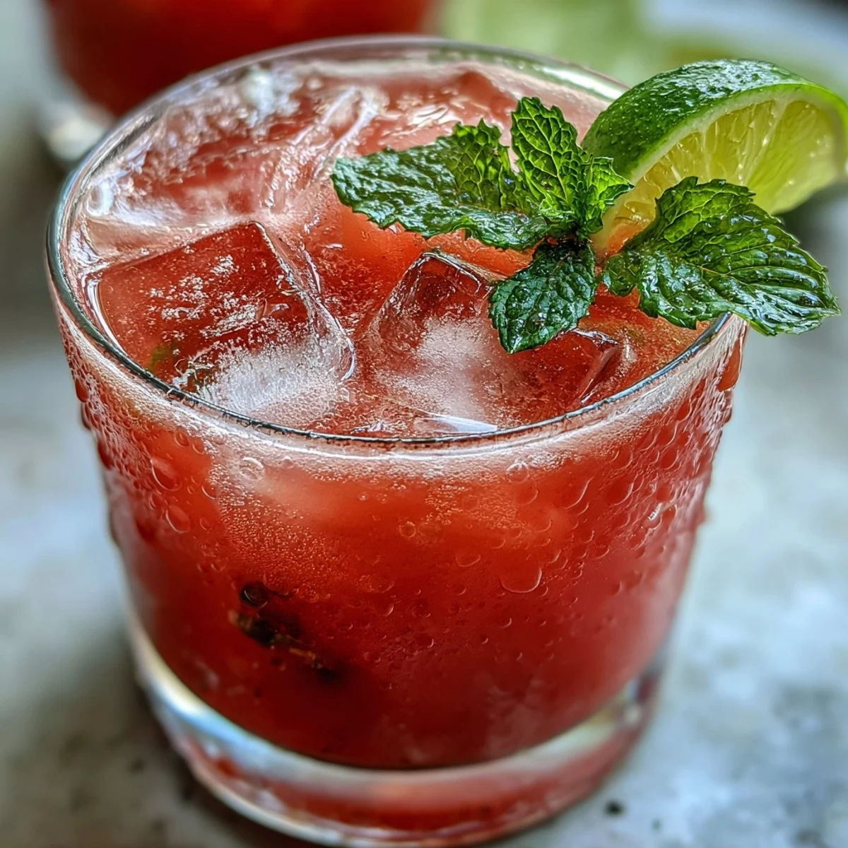 Refreshing glass of Guava Nectar Drink filled with ice cubes and garnished with fresh mint and lime wedges.