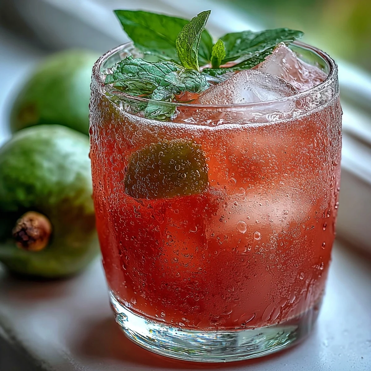 Two serving glasses of chilled Guava Nectar Drink with pink hue, lime, and mint on a summer table.
