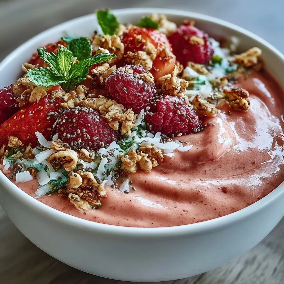 A close-up view of a creamy Guava and Mango Smoothie Bowl in a ceramic bowl, featuring a spoonful of tropical fruit puree and chia seeds.