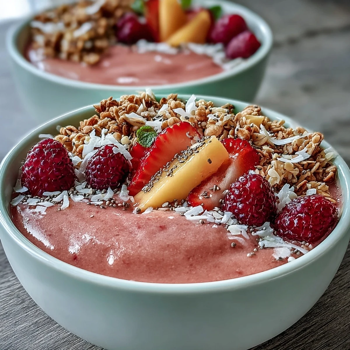 Overhead shot of Guava and Mango Smoothie Bowl with colorful mixed berries, crunchy granola, and shredded coconut on a light breakfast table.