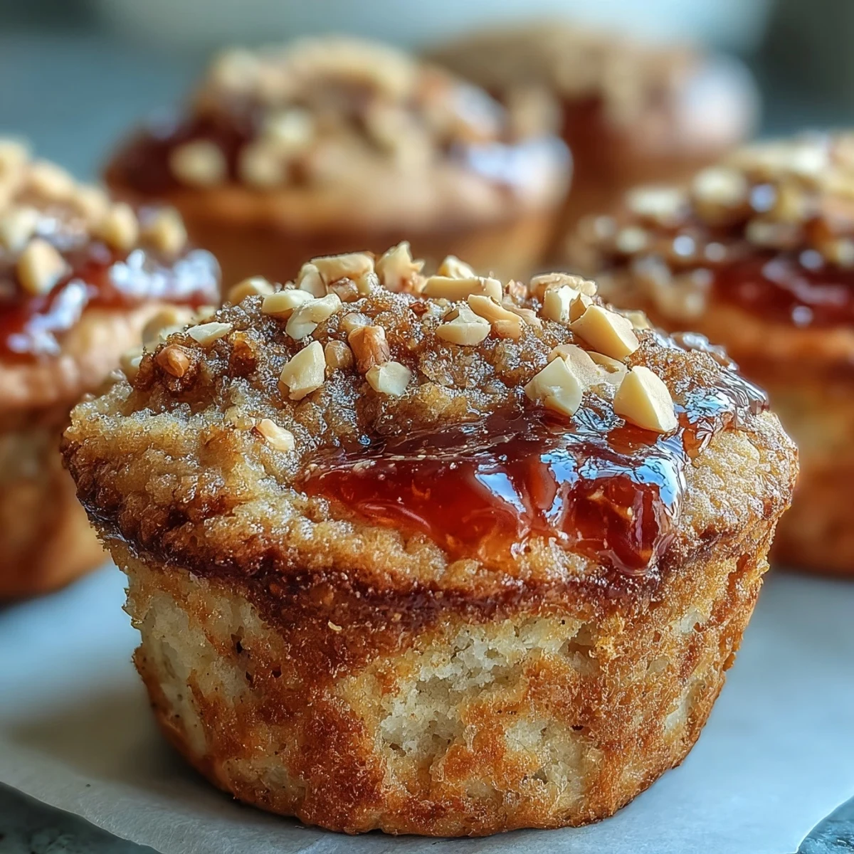 Golden Peanut Butter and Guava Muffins topped with chopped peanuts on a rustic wire cooling rack.