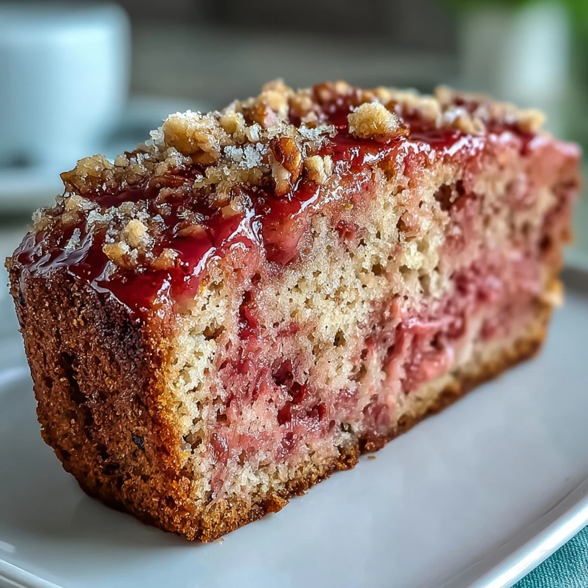 A golden Vegan Cardamom Guava Banana Bread loaf studded with nuts, sliced to reveal a tender, moist crumb texture.