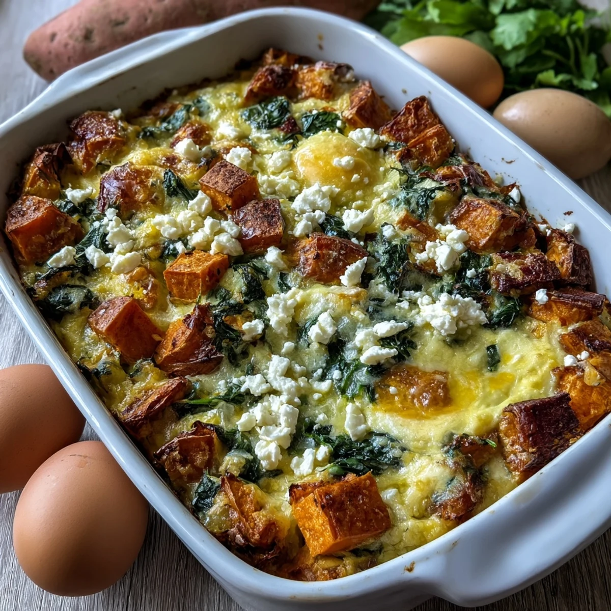 A close-up of a serving of Easy Sweet Potato Egg Casserole, revealing fluffy eggs, sweet potato chunks, and spinach.