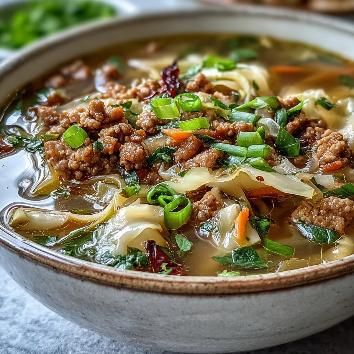 Spicy One-Pot Egg Roll Soup served in a rustic bowl with chopped green onions and sriracha for heat.