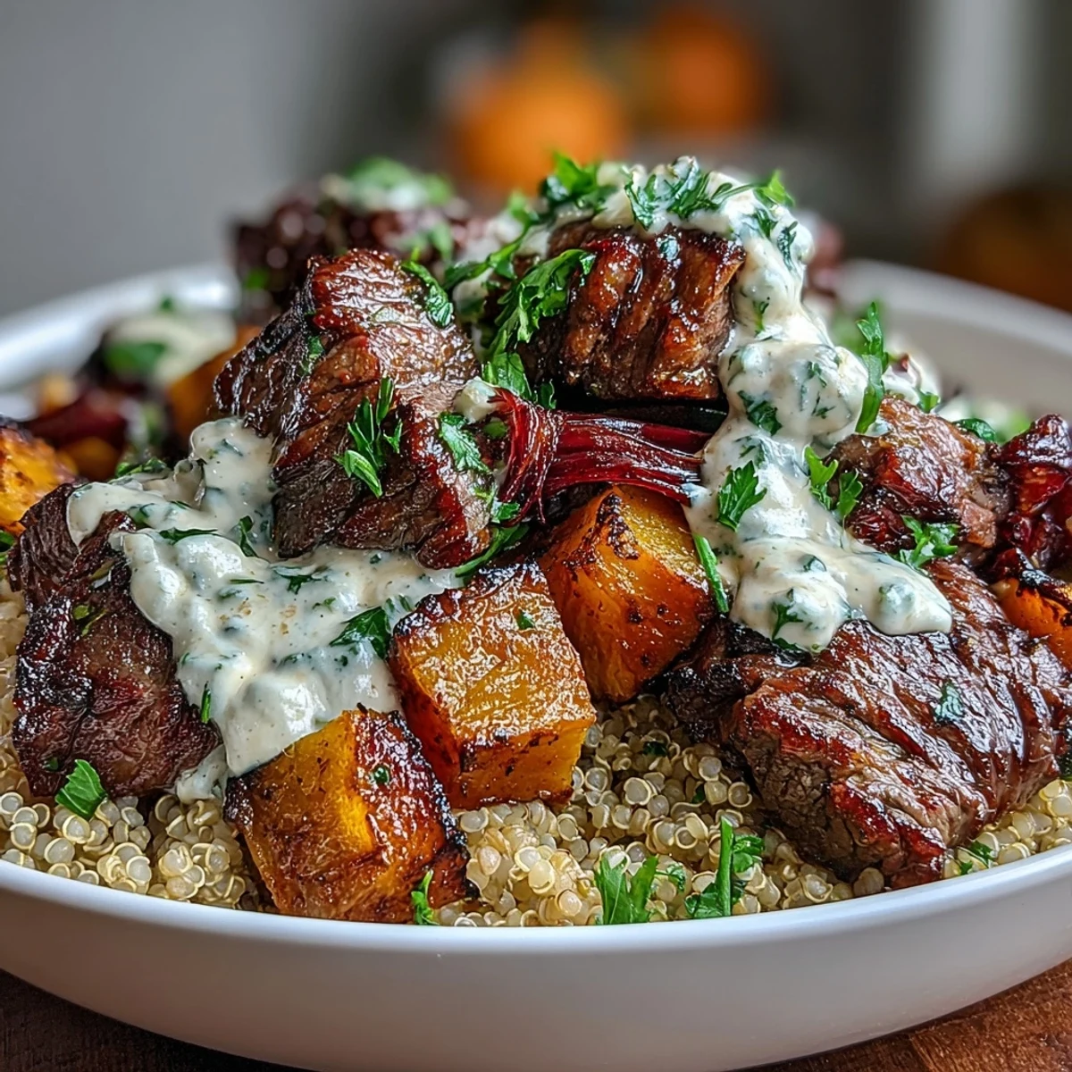 A warm, creamy garlic herb sauce drizzles over a fully assembled Savory Butternut Squash & Garlic Herb Steak Bowl, ready to eat.
