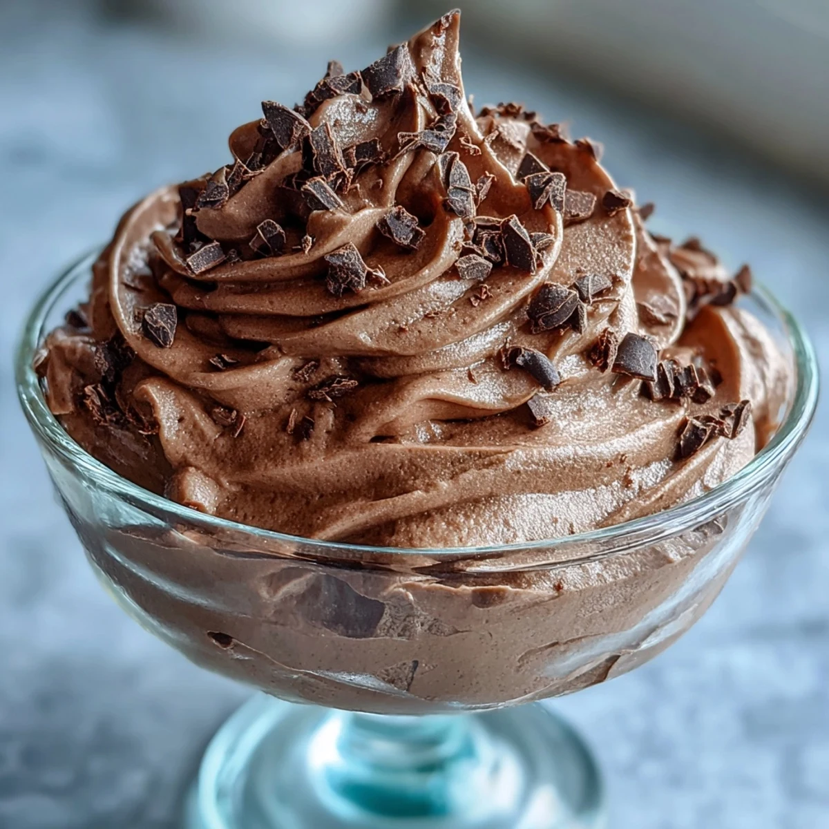 Thick whipped chocolate protein fluff served in a glass, a high-protein snack with a rich cocoa flavor.