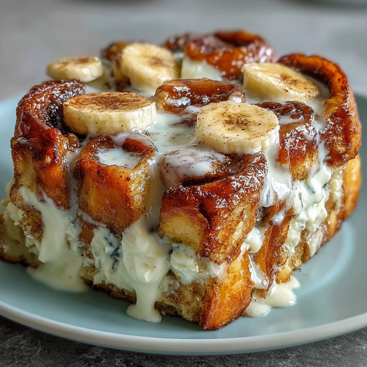 Golden-brown Cream Cheese Swirl Cinnamon Roll French Toast Bake fresh from the oven, served warm with maple syrup.