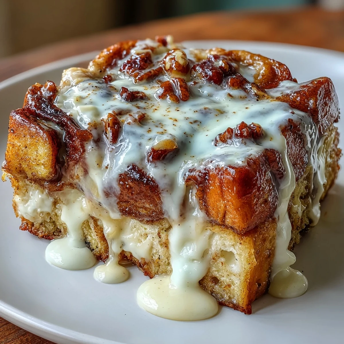 Decadent overnight Cream Cheese Swirl Cinnamon Roll French Toast Bake casserole with creamy swirls and caramelized cinnamon topping.