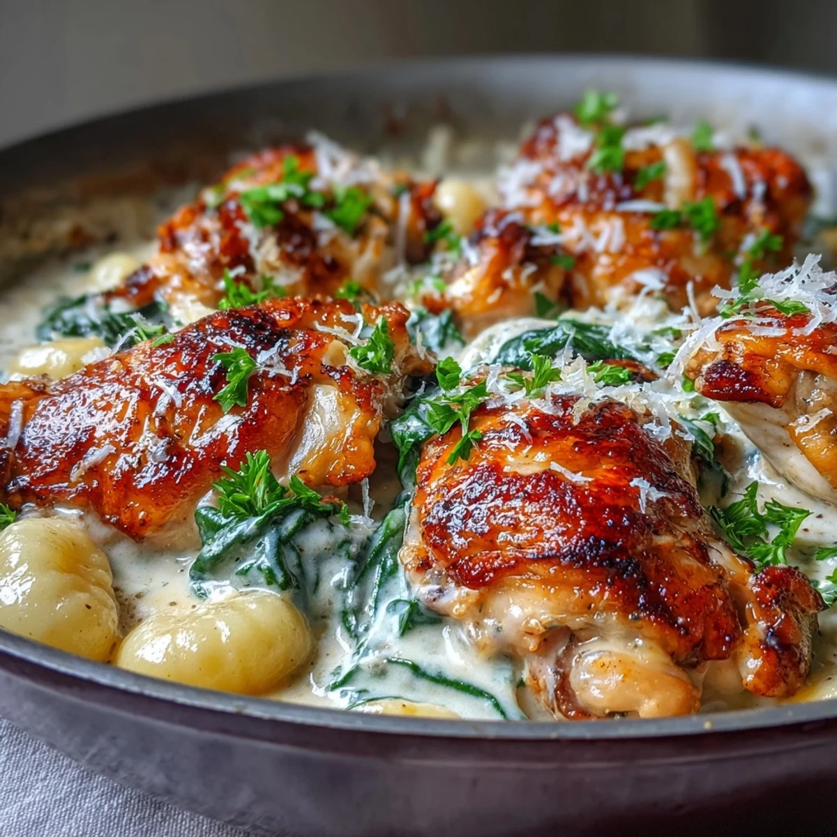 Golden-brown seared chicken thighs and pillowy gnocchi bake in a one-pan, Parmesan-infused cream sauce with wilted spinach.