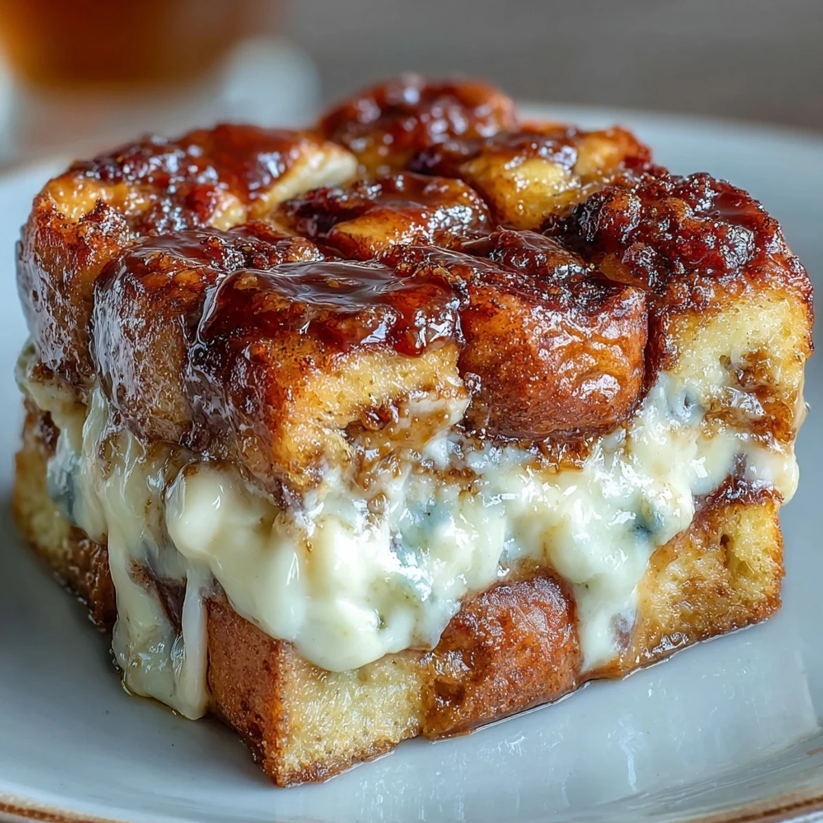 Baked Cream Cheese Swirl Cinnamon Roll French Toast casserole slice on plate, topped with sliced bananas and powdered sugar.