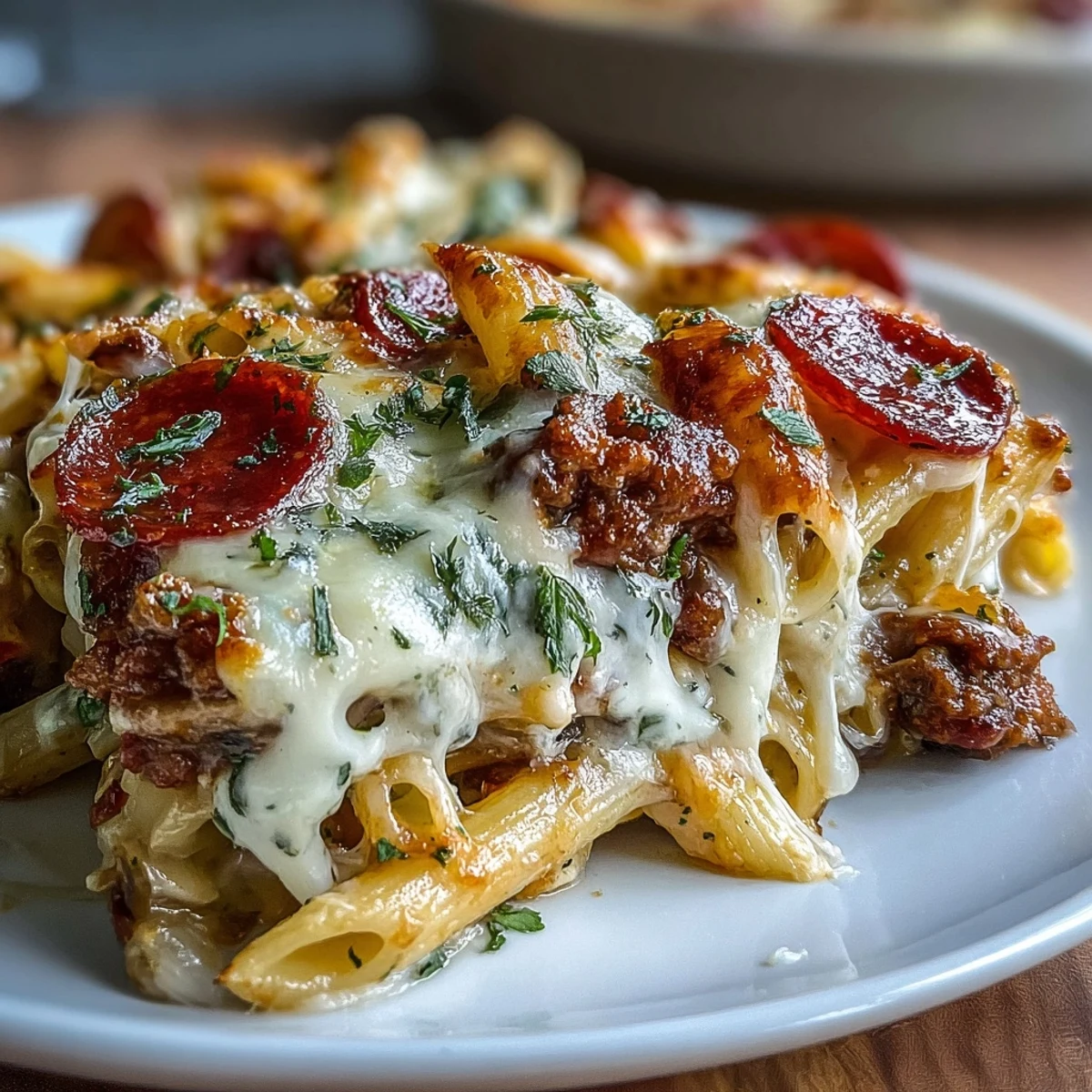 A close-up of creamy, cheesy High-Protein Pizza Pasta Bake served in a rustic dish with fresh basil garnish.