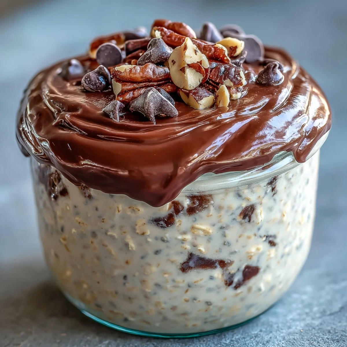 Peanut Butter Cup Overnight Oats in a clear jar, layered with rich cocoa ganache and topped with chocolate chips for a decadent yet healthy breakfast treat.