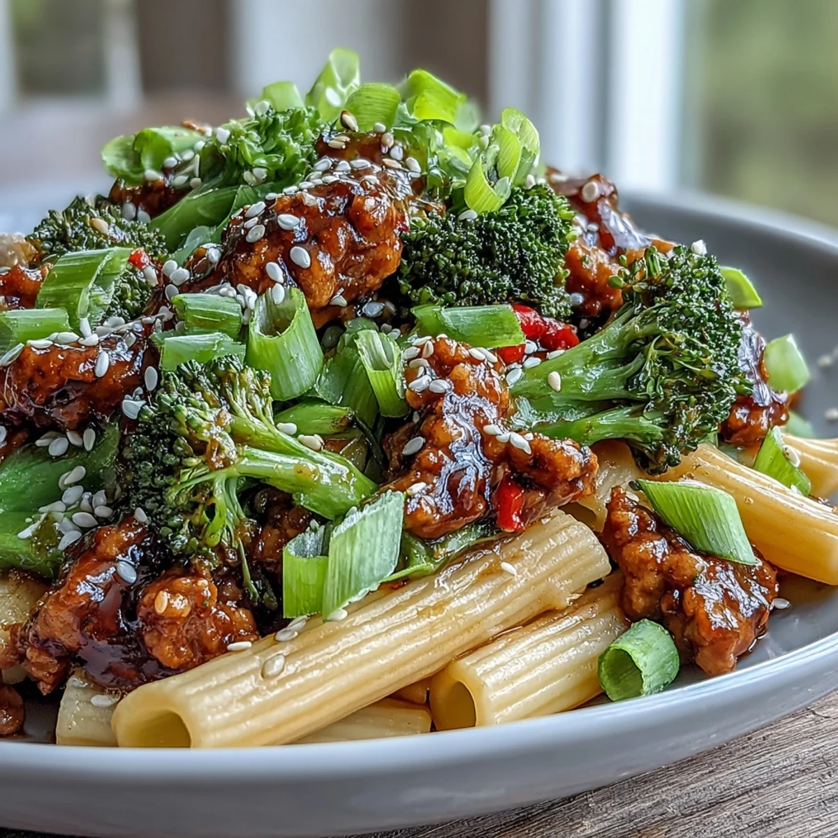 Served in a shallow white bowl, this Sweet & Spicy Turkey Broccoli Pasta is topped with sesame seeds and fresh green onions.