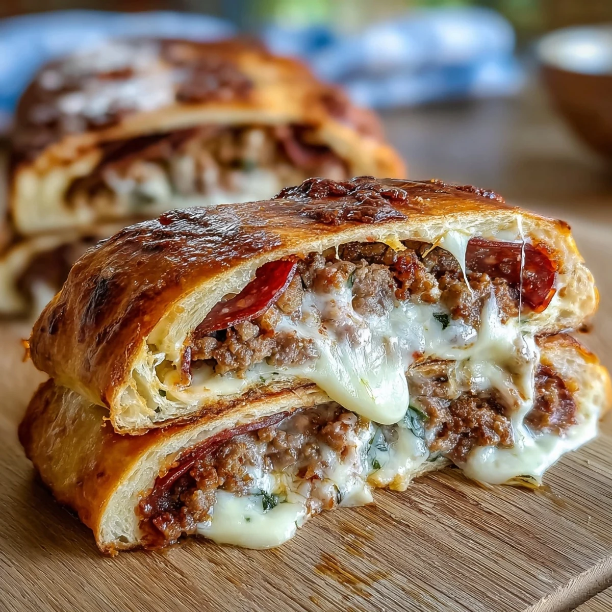 Golden-brown Baked High-Protein Pepperoni Stromboli sliced open on a wooden cutting board, revealing layers of melted mozzarella, pepperoni, and seasoned ground beef.