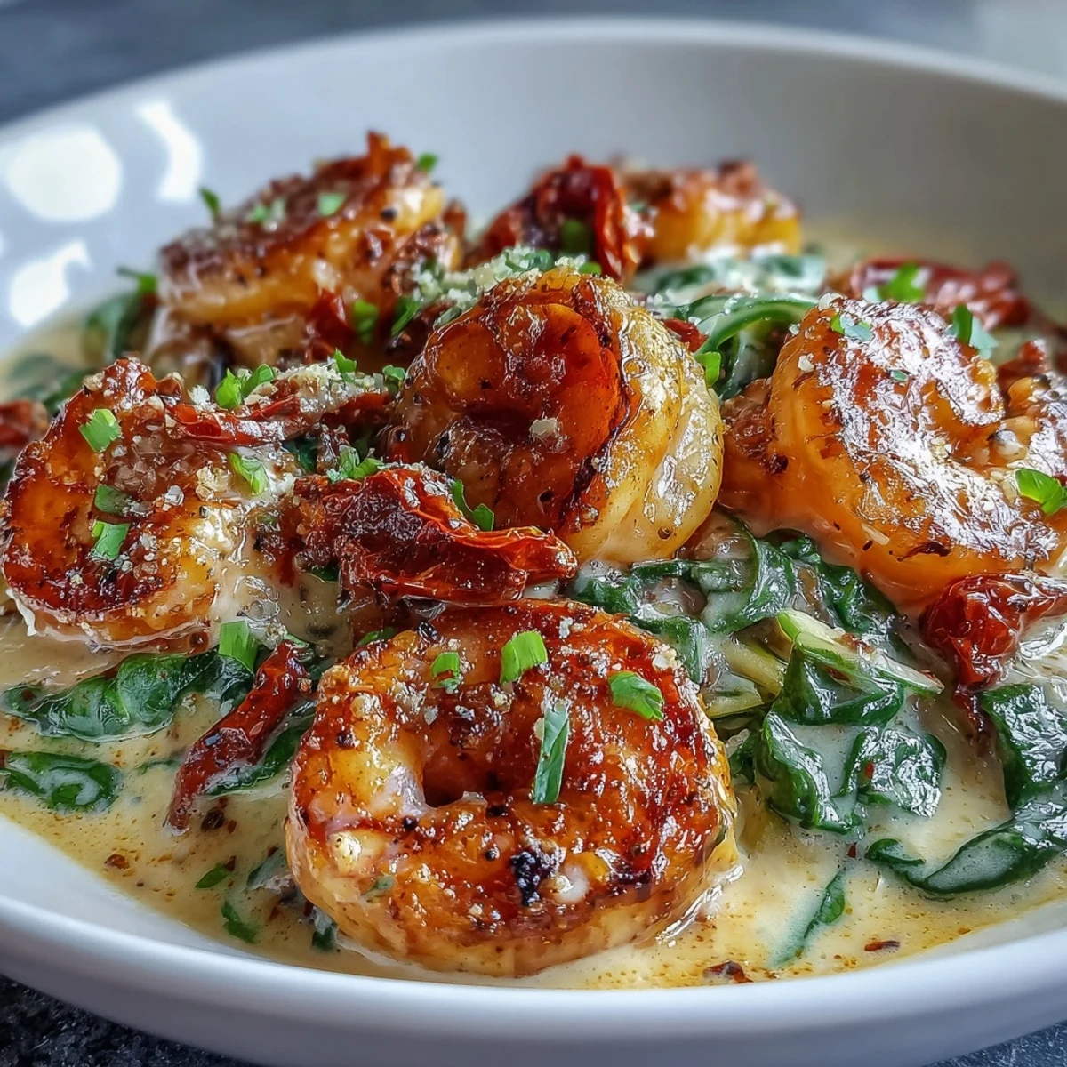 Keto Creamy Garlic Tuscan Shrimp with Zucchini Noodles in a rich, garlicky cream sauce, garnished with fresh parsley and extra Parmesan.