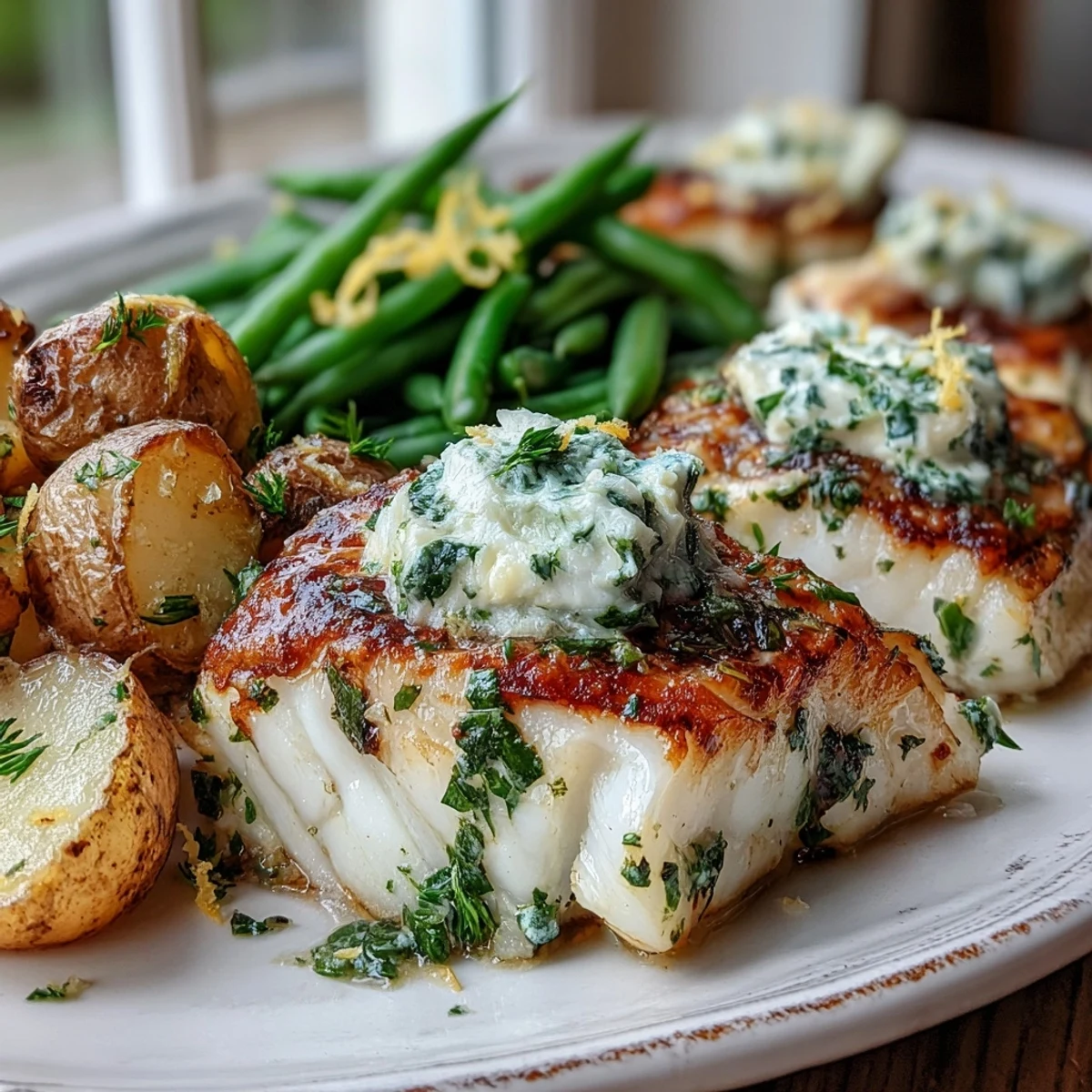 Fork-tender cod with fragrant garlic herb butter, served with golden potatoes and bright green beans for a nutritious meal.
