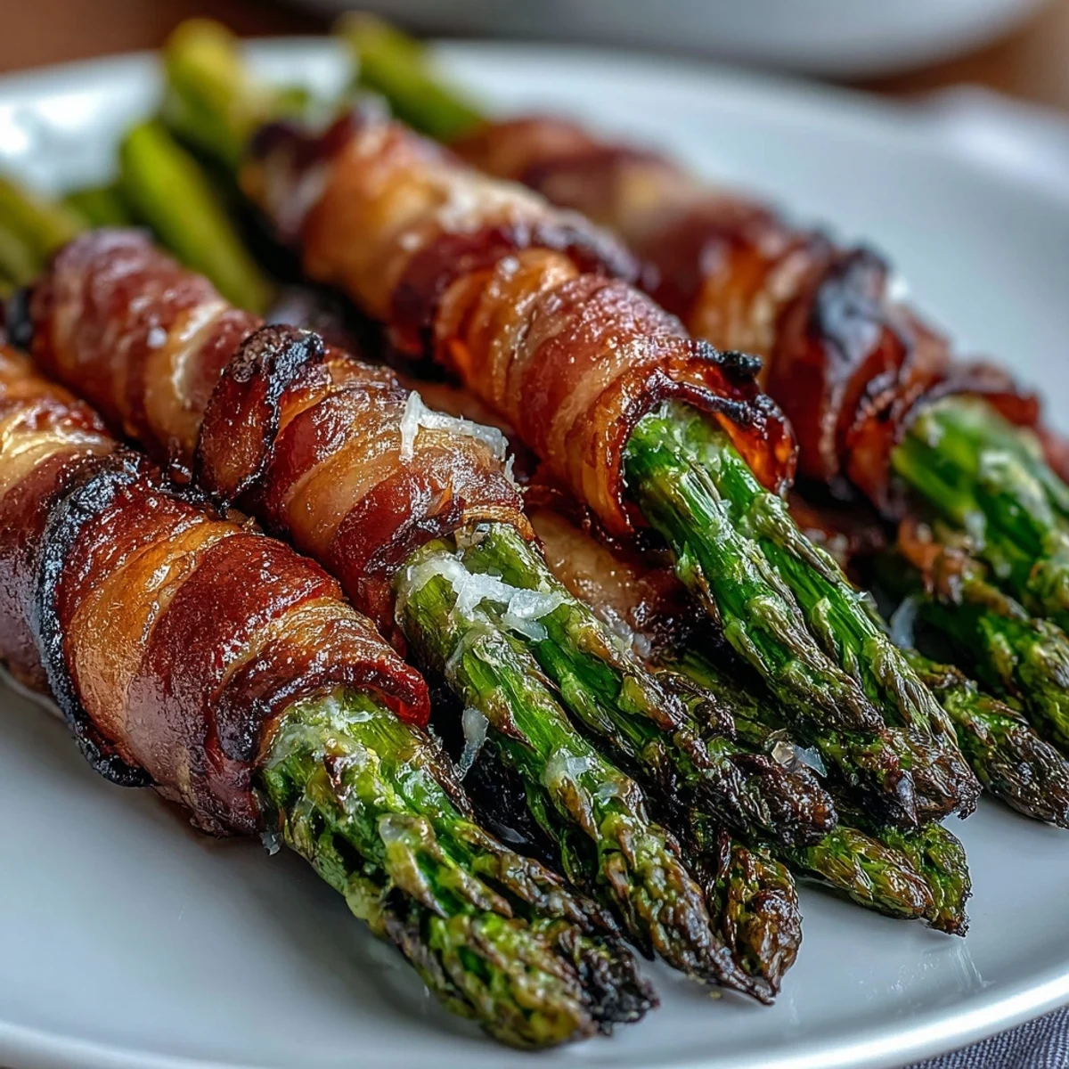 Tender asparagus spears bundled in smoky bacon and Parmesan, plated alongside grilled chicken for a low-carb dinner.