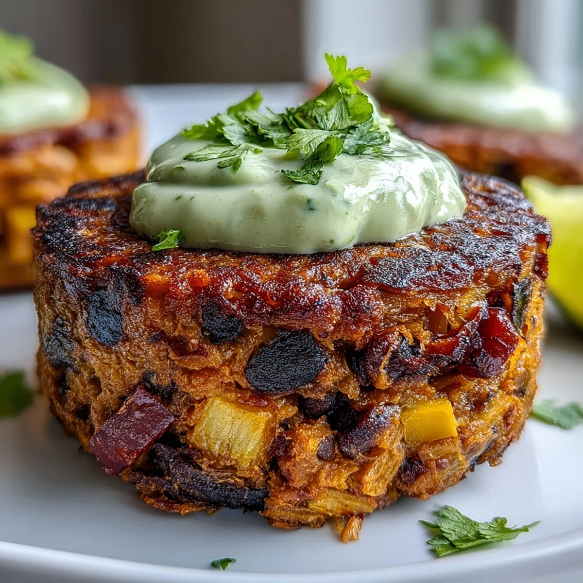 Vegan Sweet Potato Black Bean Burgers served on a plate with fresh toppings and a dollop of vibrant green avocado lime sauce.