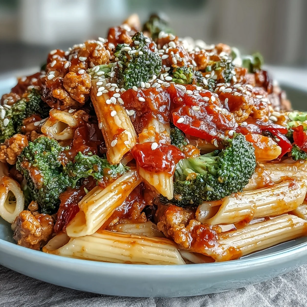 Penne pasta tossed with lean ground turkey, broccoli, and a glossy sweet and spicy sauce.