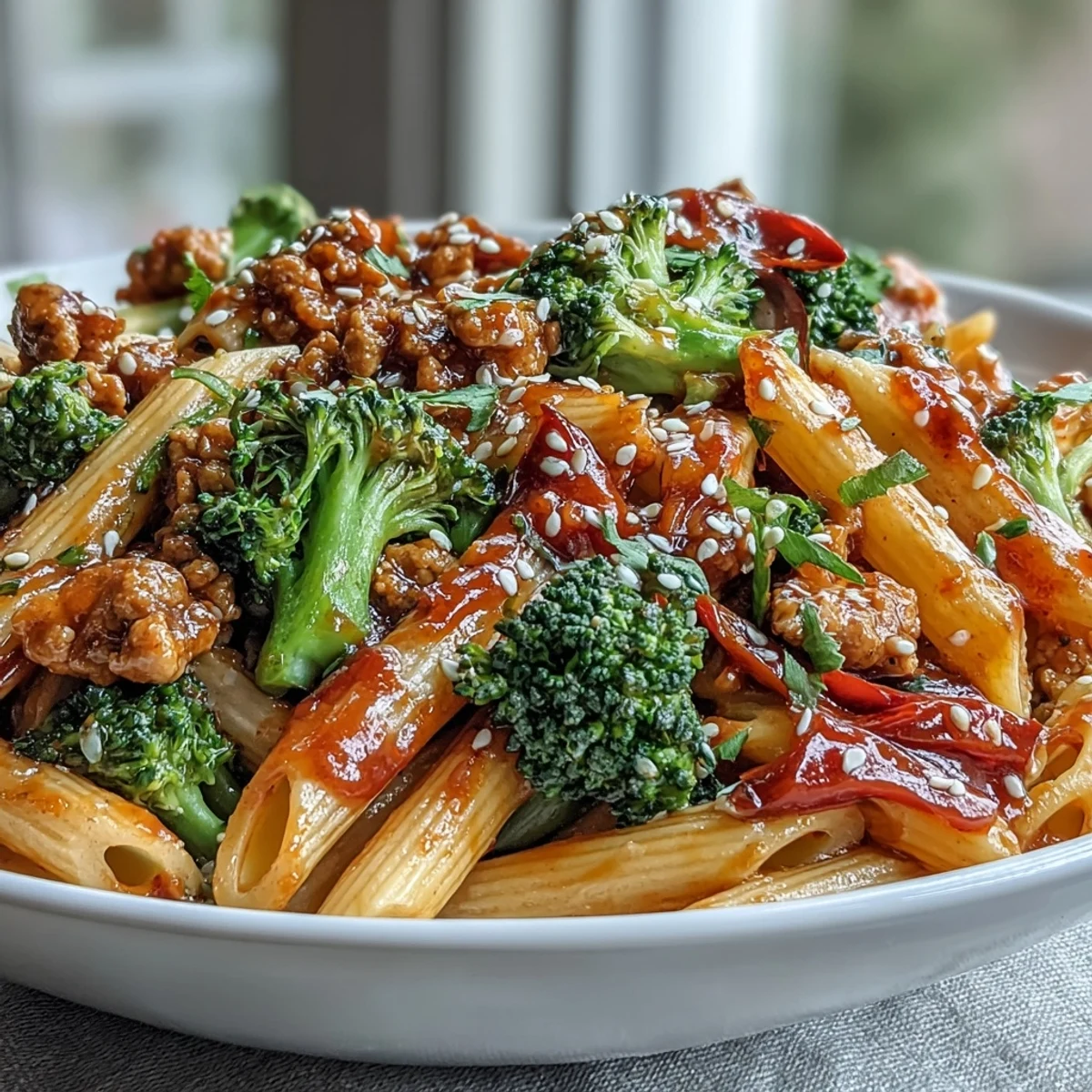 A serving of Sweet & Spicy Turkey Broccoli Pasta garnished with green onions and sesame seeds.