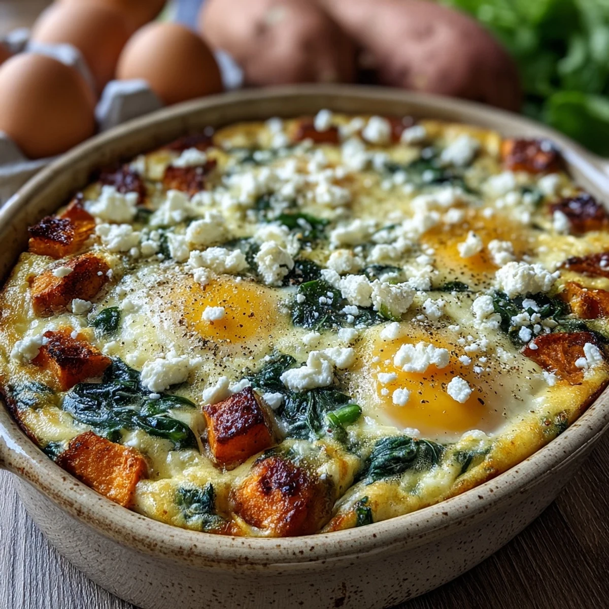 Golden slices of Easy Sweet Potato Egg Casserole on a plate, topped with melted cheddar and fresh herbs.