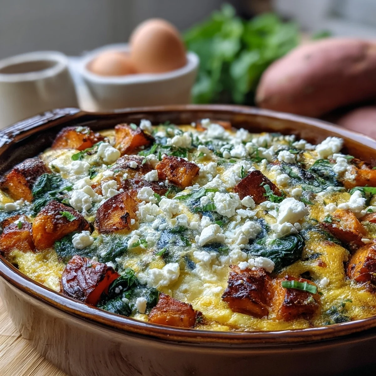 A close-up of a serving of Easy Sweet Potato Egg Casserole, revealing fluffy eggs, sweet potato chunks, and spinach.